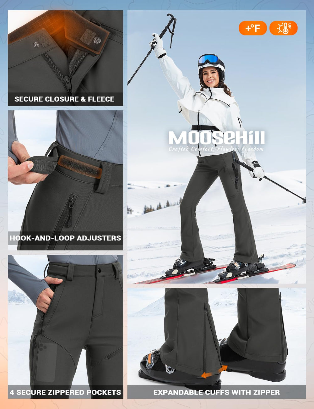 Moosehill womens snow pants waist-adjustment feature for comfortable all-day layering.
