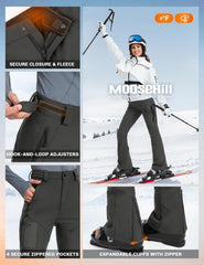Moosehill womens snow pants waist-adjustment feature for comfortable all-day layering.