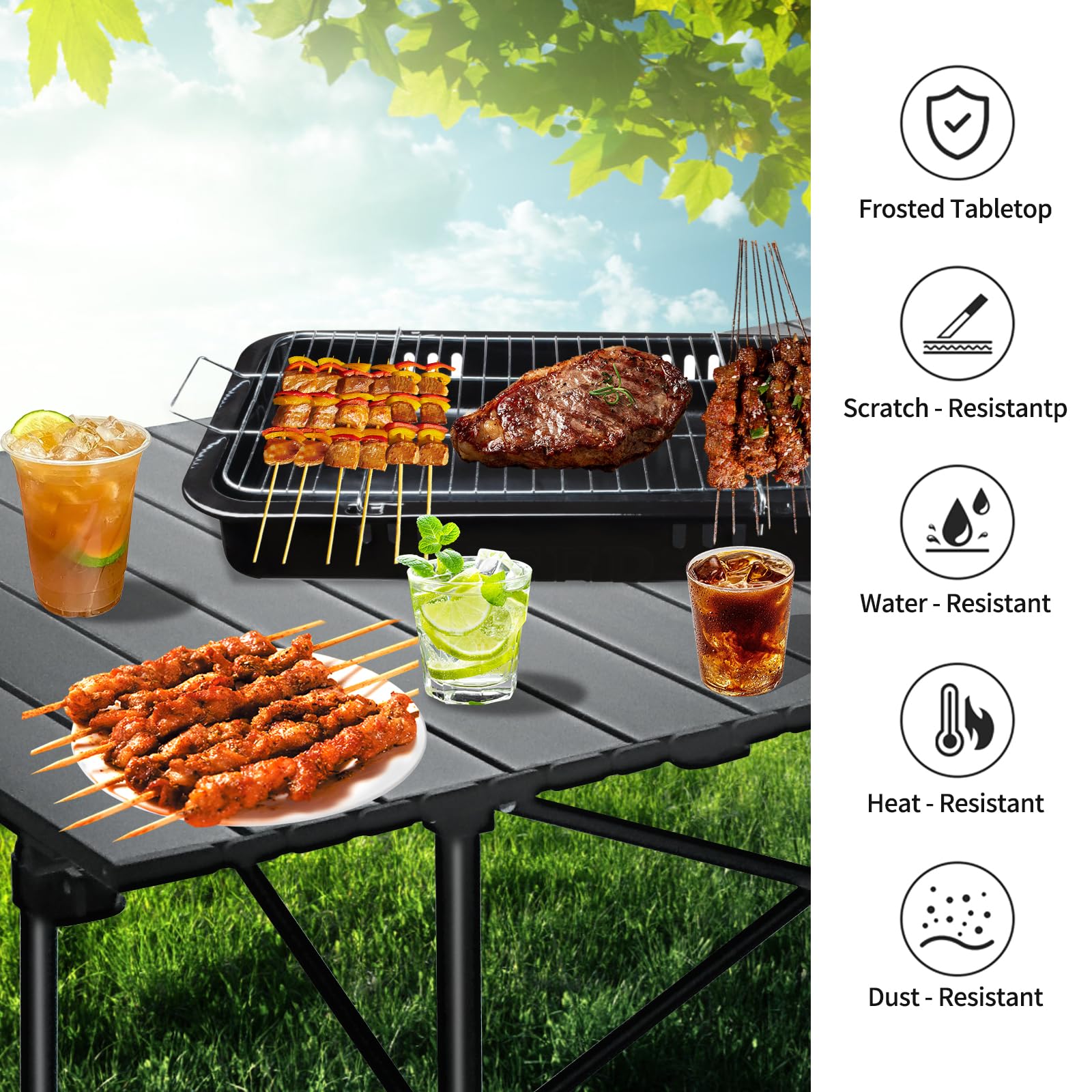 Moosinily camping table in outdoor use for picnics and BBQs