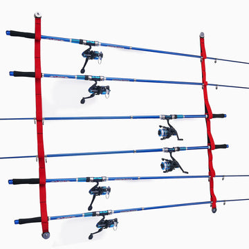 MOPHOEXII ceiling rod rack stores rods overhead to save garage space.