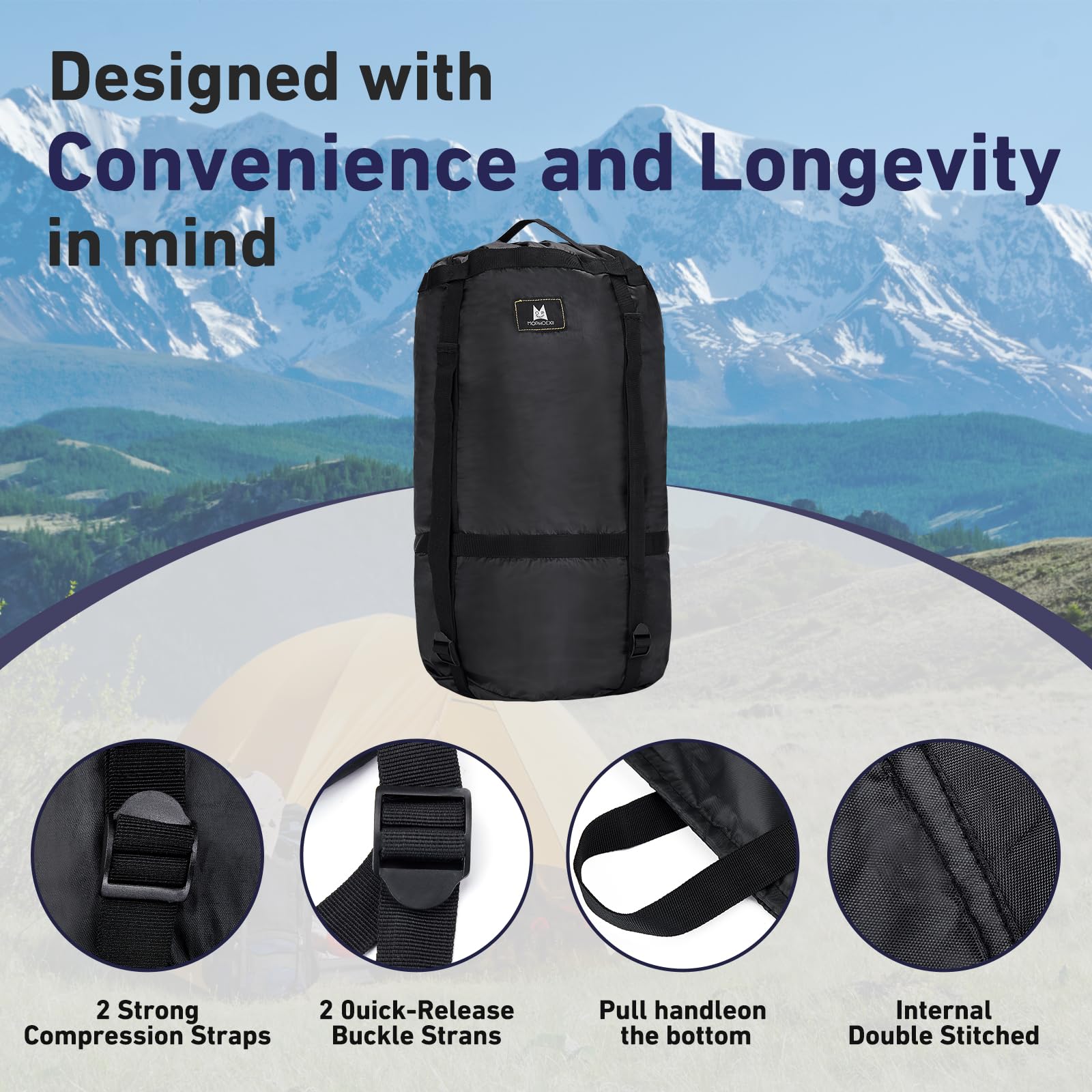 MOPHOEXII compression sack 210T tear-resistant material highlights durability.