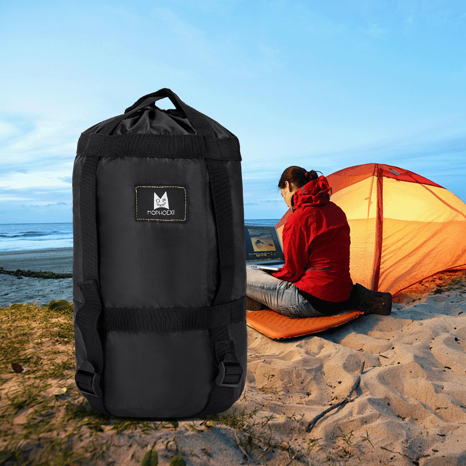 MOPHOEXII compression sack folded for compact storage between trips.