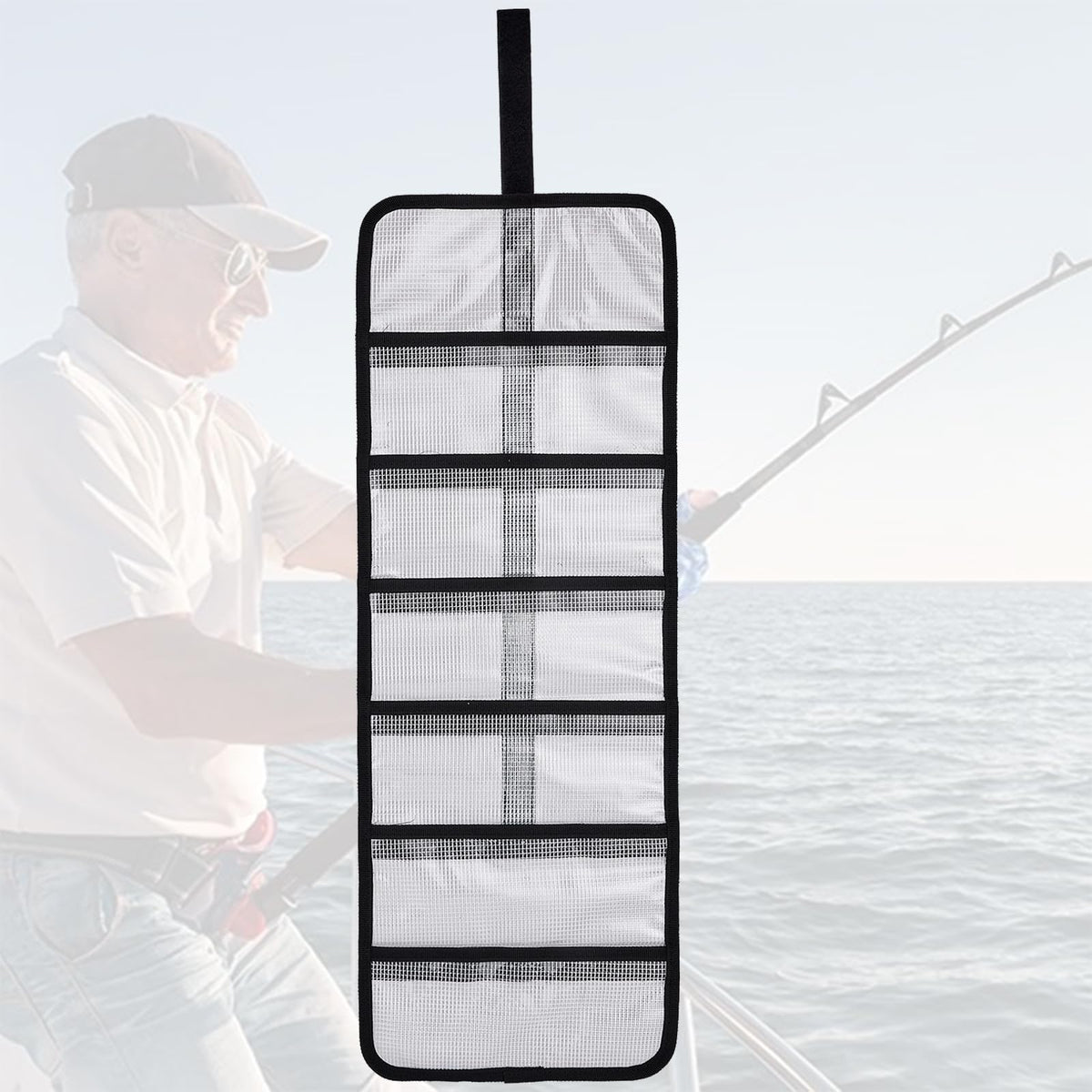 MOPHOEXII roll-up lure wrap with six pockets for organized trolling lures.