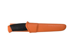Close-up of Morakniv Companion S knife showing ergonomic high-friction handle and 4.1-inch blade