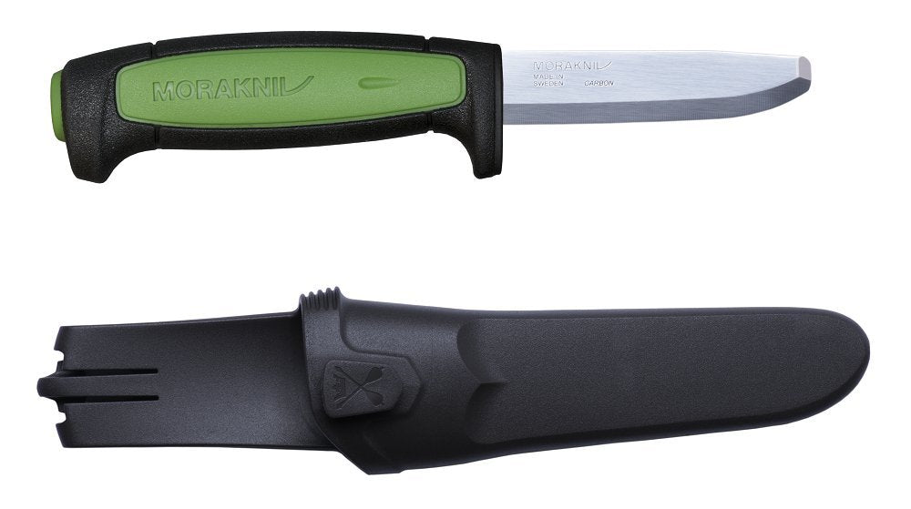 Morakniv Safe Pro Carbon Steel Fixed Blade Knife with Blunt Tip, ergonomic TPE handle, and sheath.