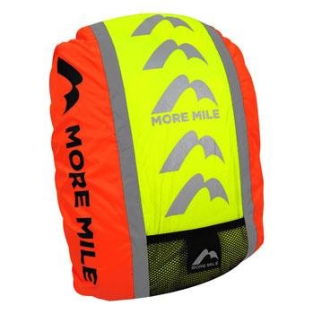 More Mile Reflective Safety Backpack Cover, on pannier, shields gear from weather.