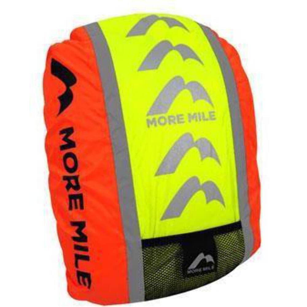 More Mile Reflective Safety Backpack Cover, side view, improves nighttime visibility and rain protection.