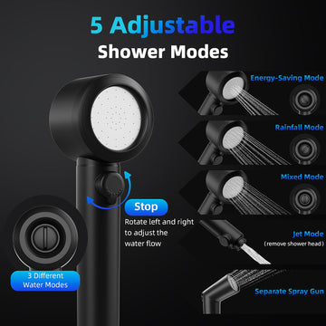 Moriko portable shower five modes provide adjustable water flow for different settings.