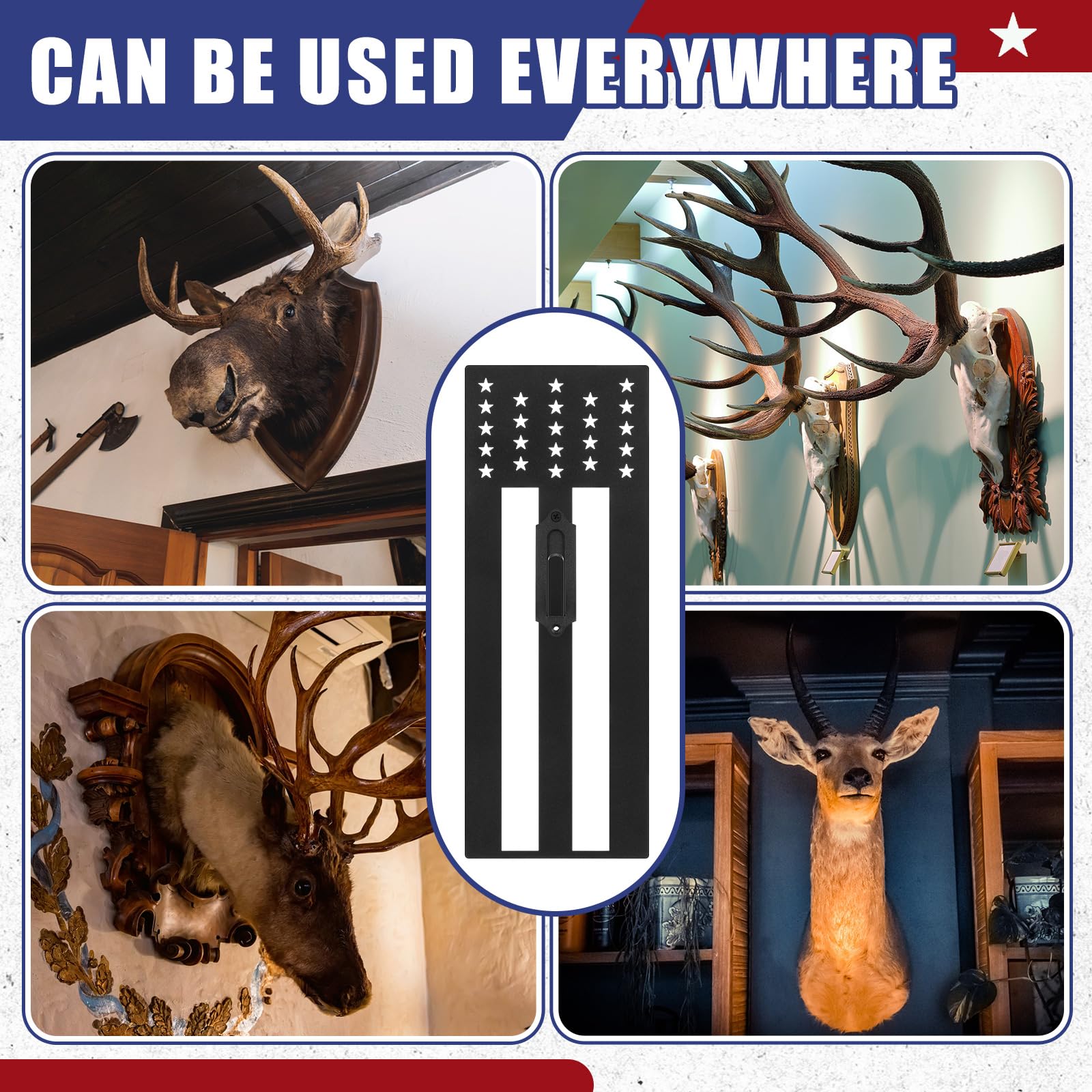 MorningRo flag backplates highlight hunting trophies on a large wall display