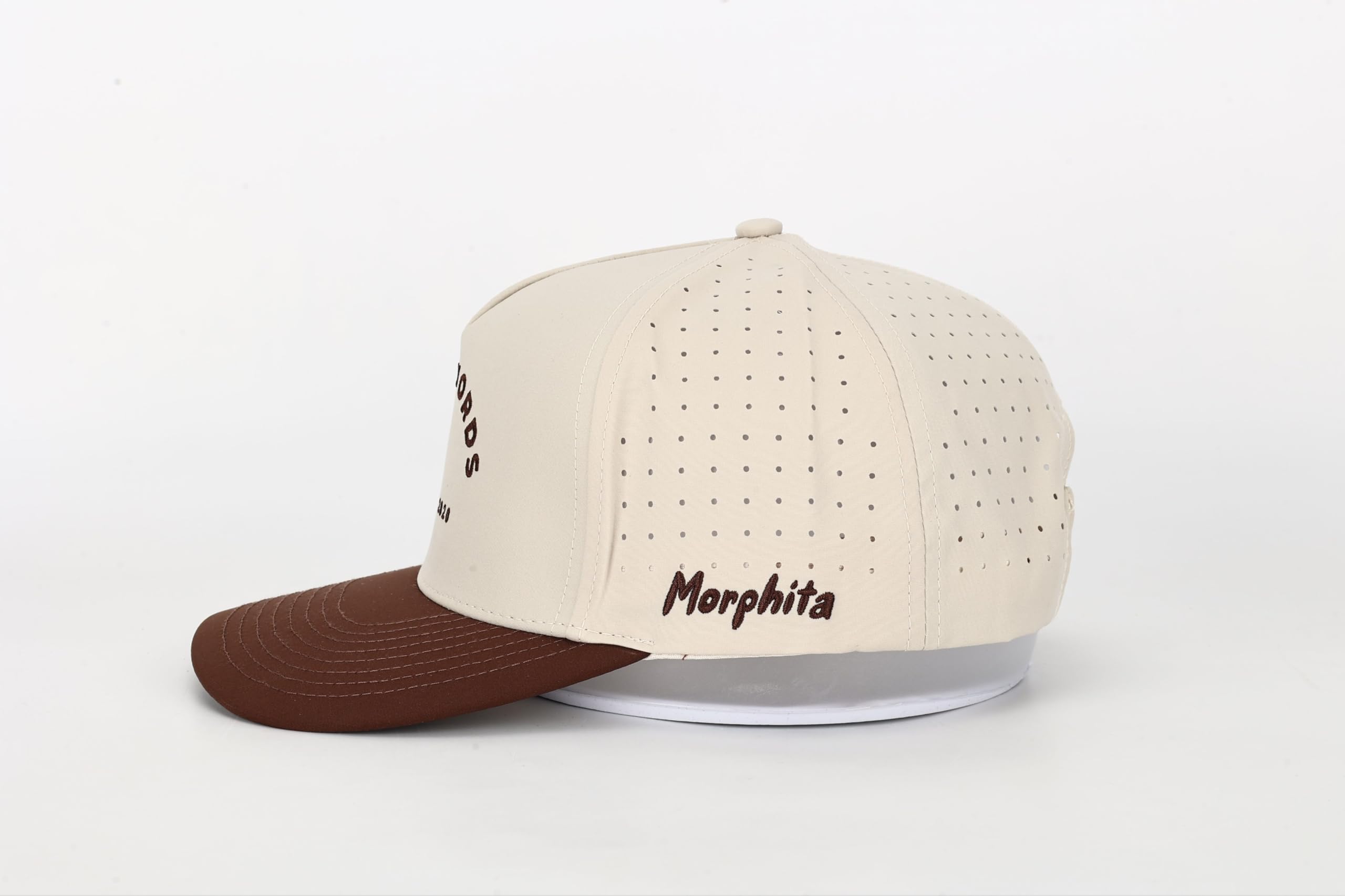 Morphita Performance Golf Hat, front view, showcasing UPF 50 sun protection in white.