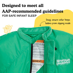Morrison Outdoors Little Mo 40° sleeping bag bottom zipper enables diaper changes without removing.