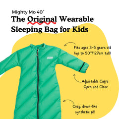 Morrison Outdoors Mighty Mo sleeping bag showing 2-way zipper and draft control for versatile use.