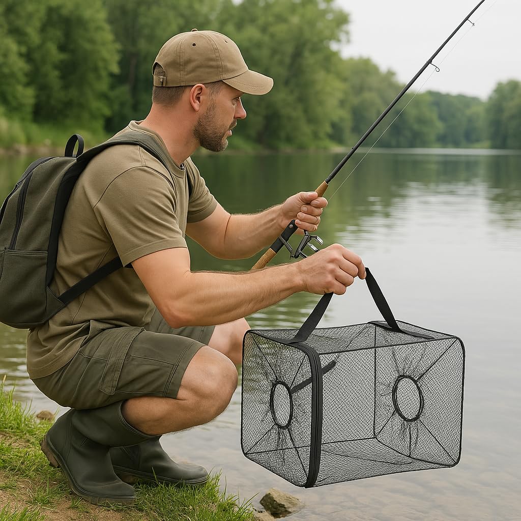 M.O.S Fish Minnow Trap folds flat for compact storage after use.