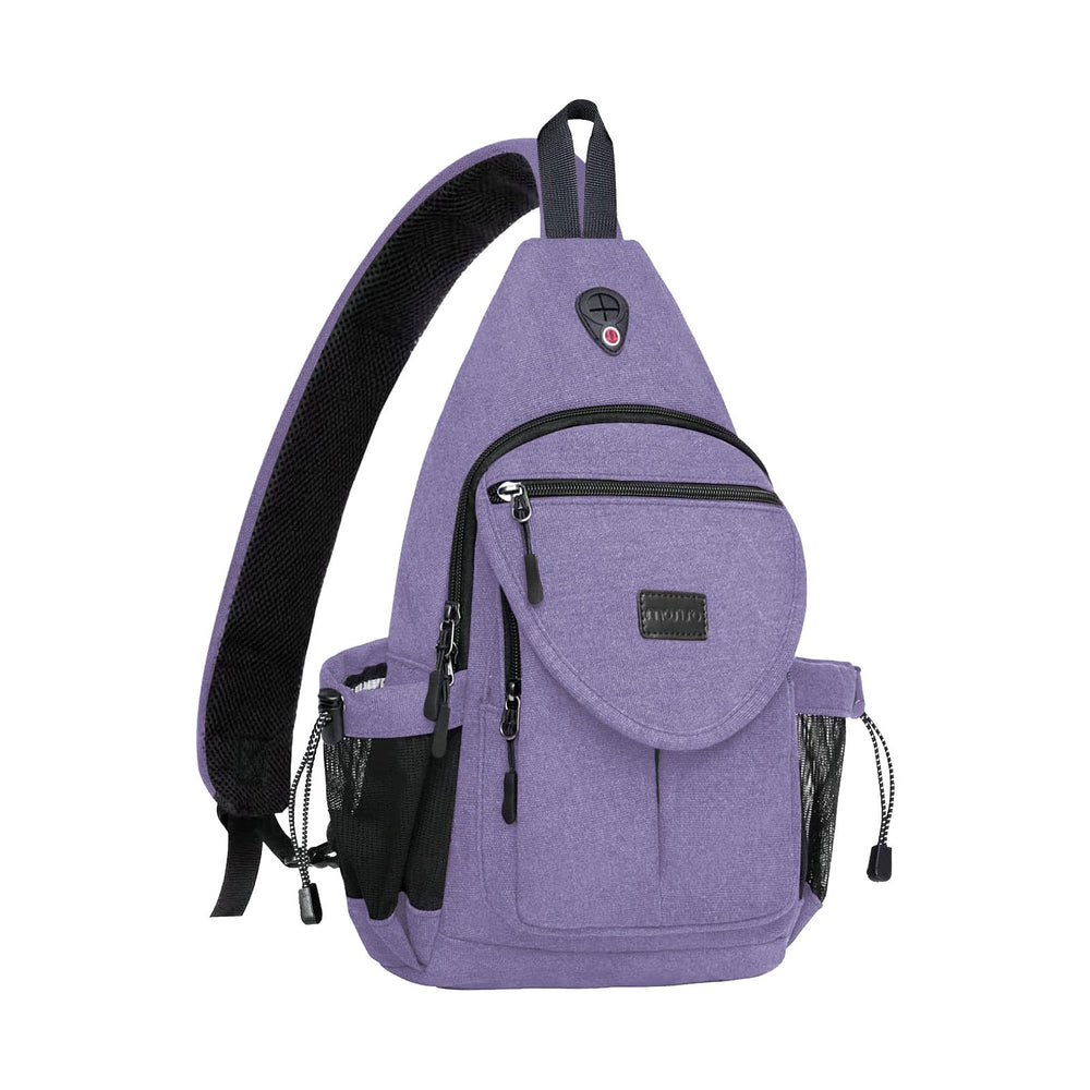 MOSISO sling backpack lilac front view showing spacious main compartment for daily essentials