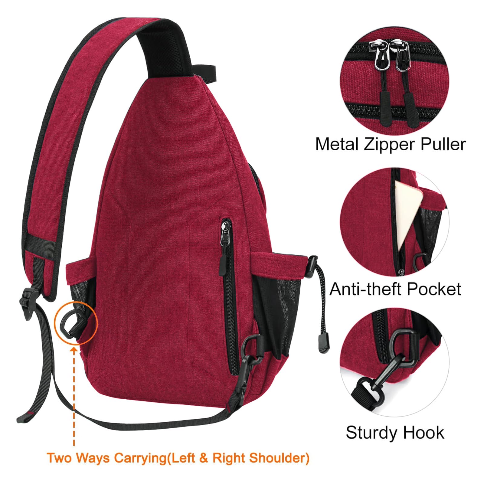MOSISO sling backpack red earphone hole enables music on the go