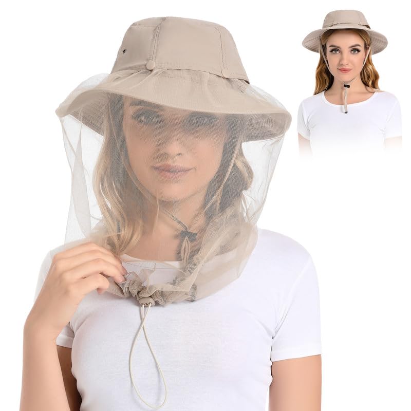 Khaki Mosquito Head Net Hat with foldable hidden netting