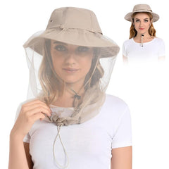 Khaki Mosquito Head Net Hat with foldable hidden netting