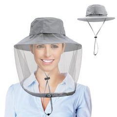 Grey mosquito head net hat with hidden mesh folded flat as a sun hat