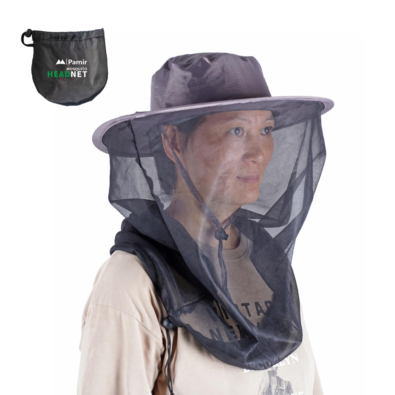 Front view of black mosquito head net hat with hidden mesh mask