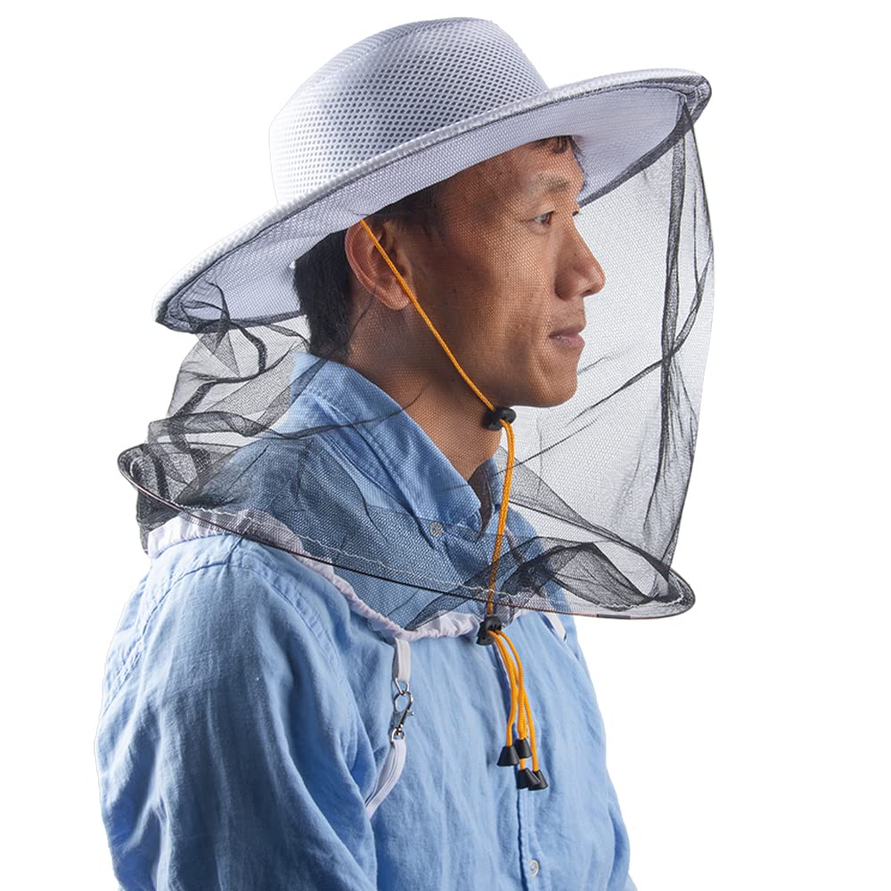 White mosquito head net hat with face shield for men and women - breathable and durable