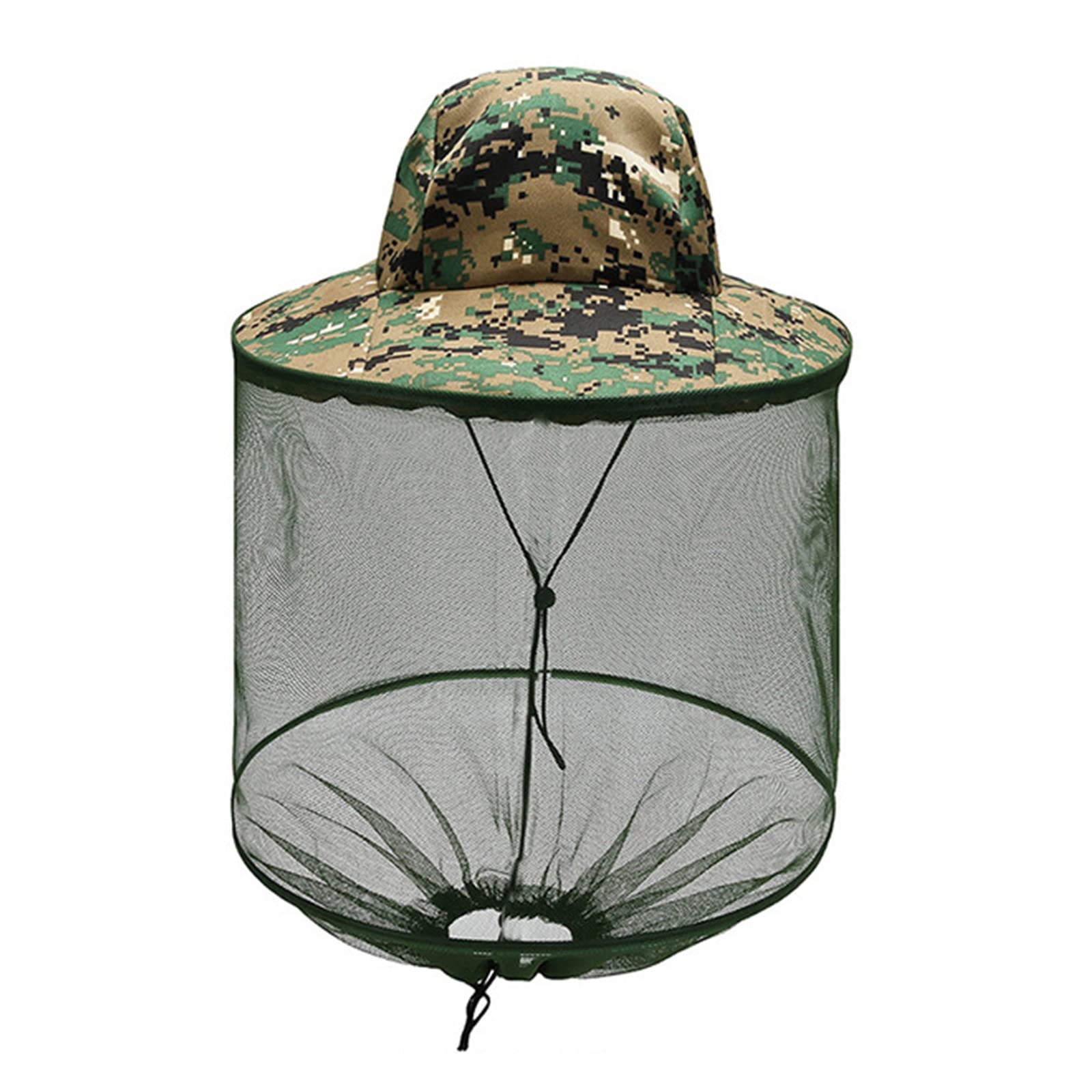 Green mosquito head net hat with netting for outdoor activities - front view