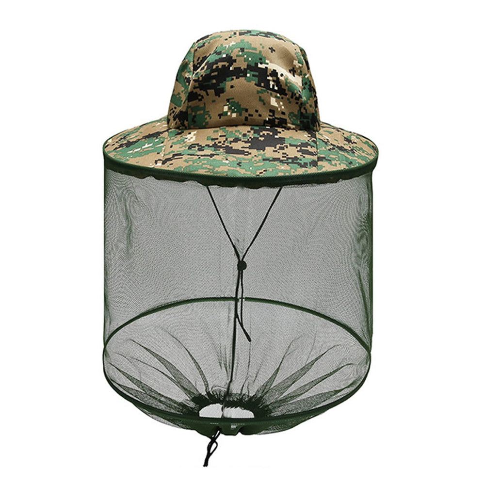 Green mosquito head net hat with netting for outdoor activities - front view