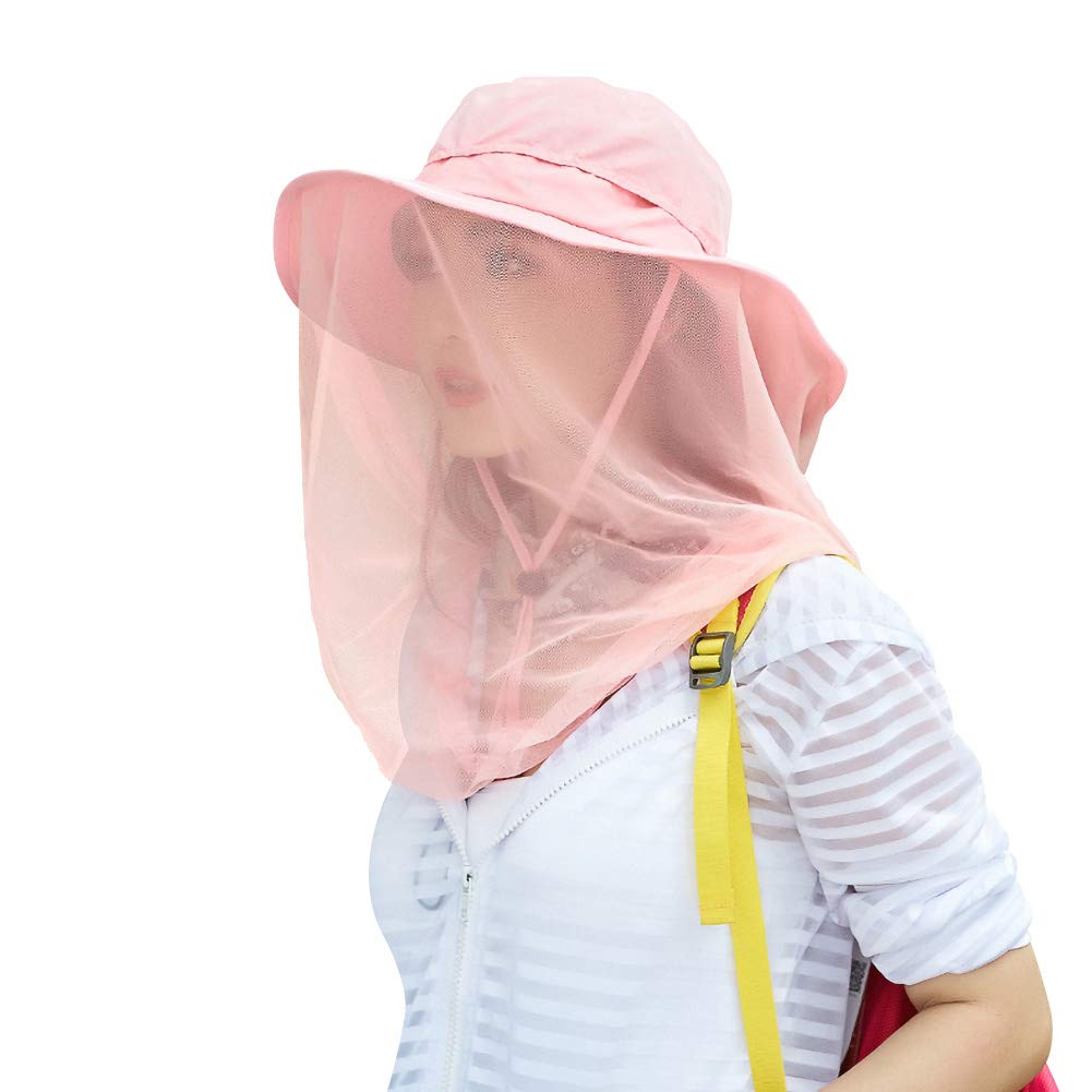 Pink mosquito head net hat front view with mesh protection
