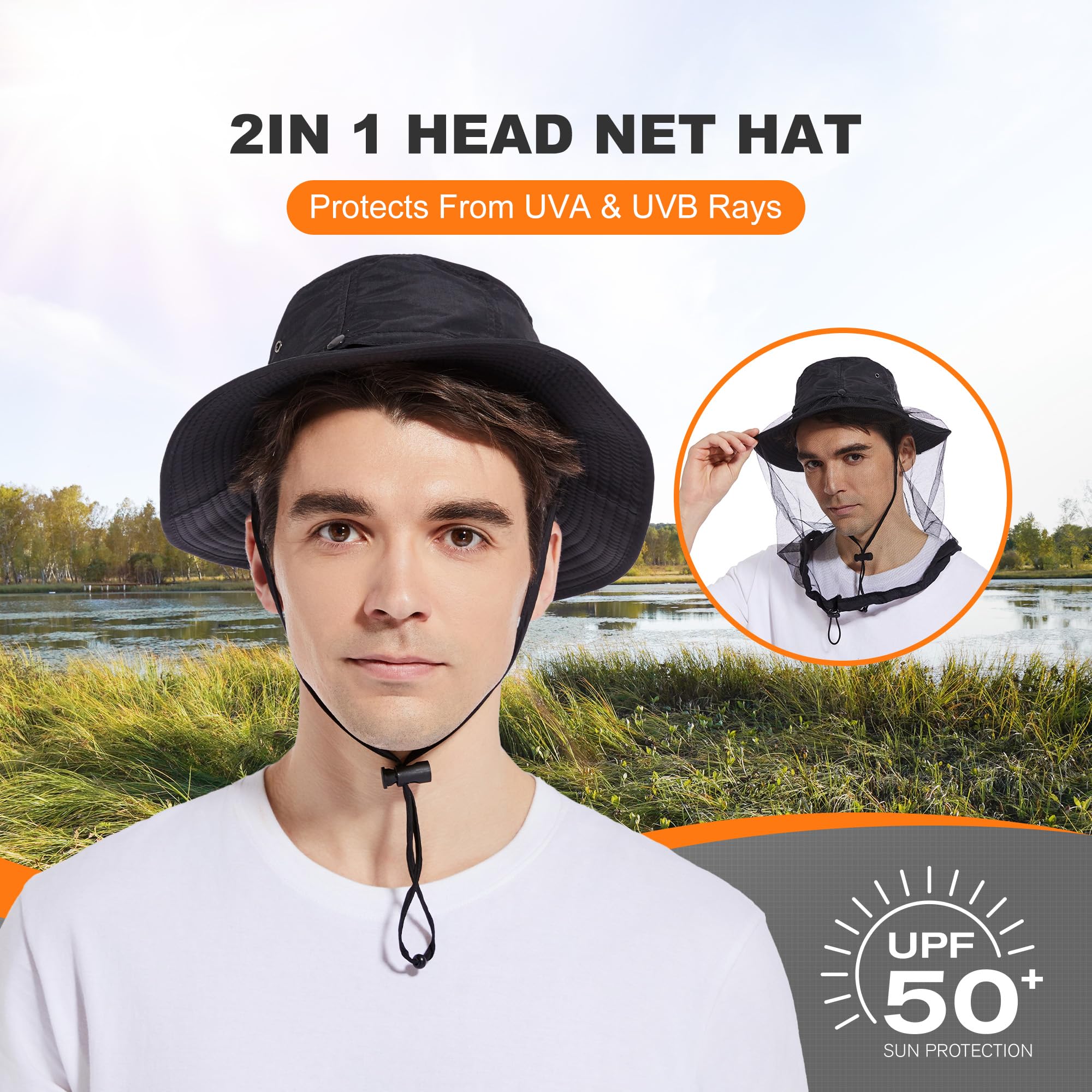 Mosquito Net Hat Black - back view with adjustable chin strap