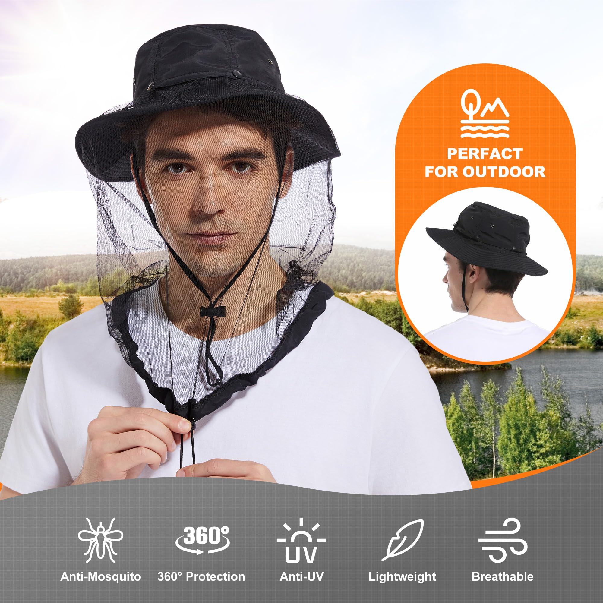 Mosquito Net Hat Black - side view showing breathable mesh and UPF 50+
