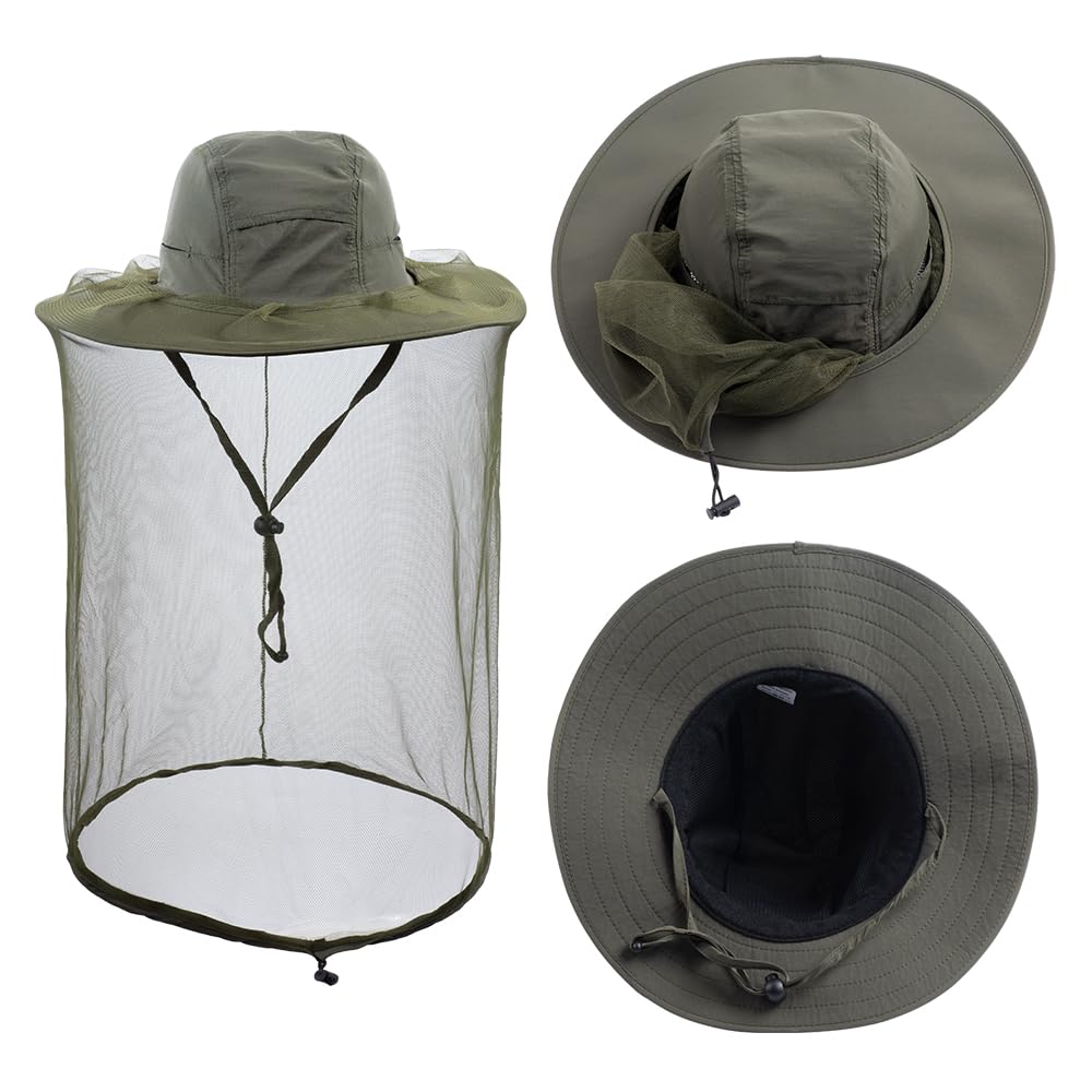 Army green mosquito netting hat with attached veil for outdoor use