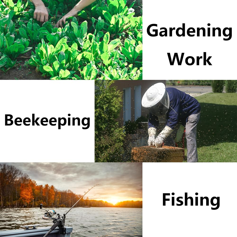 Model wearing the mosquito netting hat outdoors