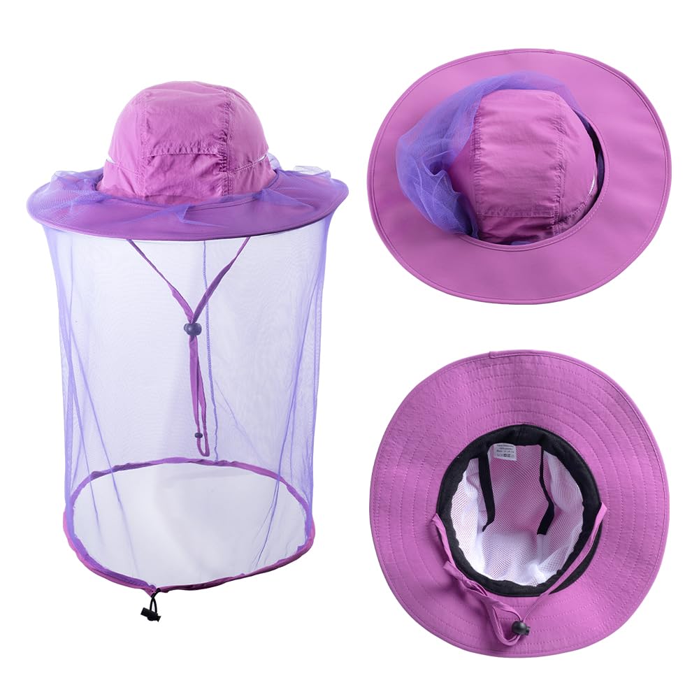 Purple mosquito netting hat worn by a person outdoors
