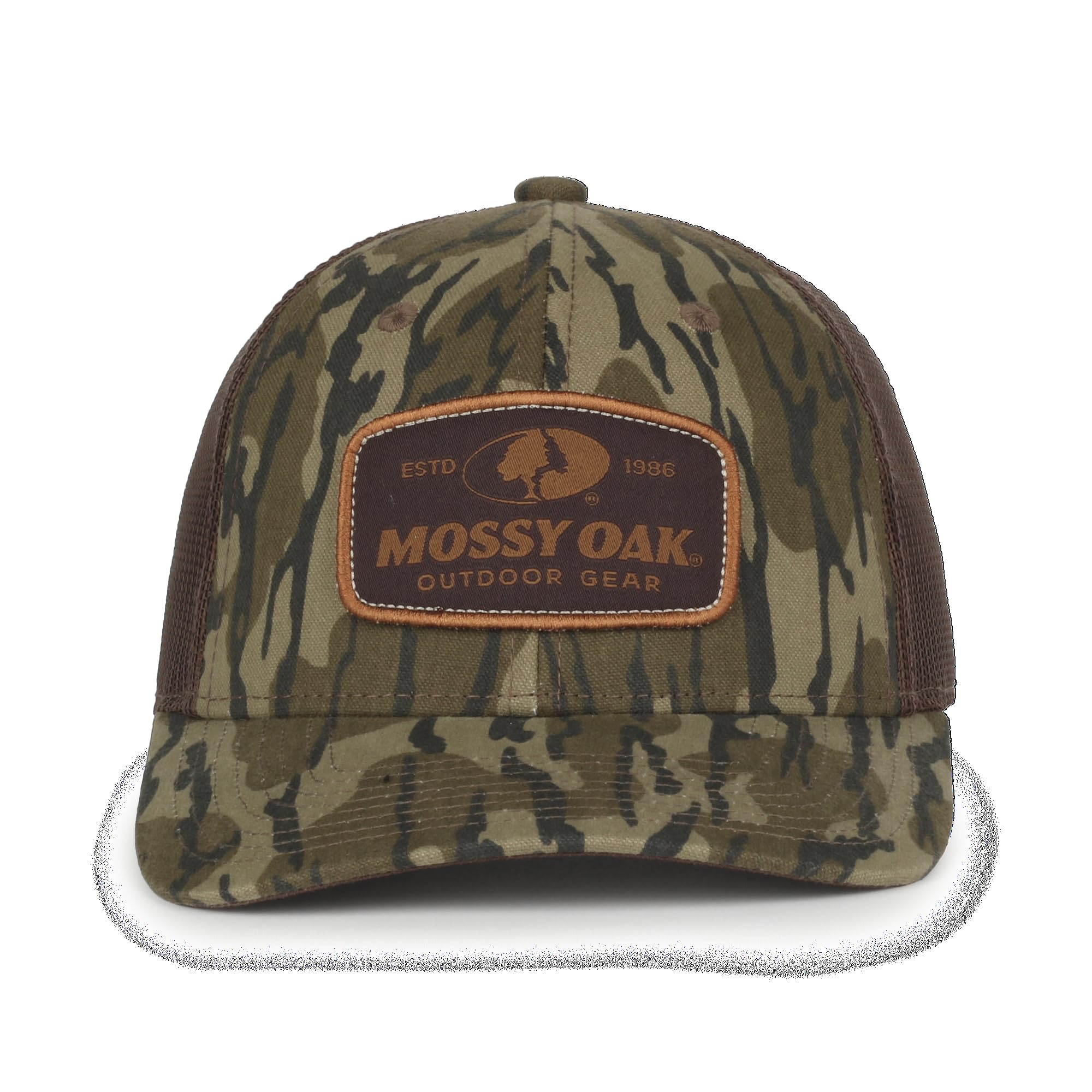 Side view of Mossy Oak Camo Trucker Hat showing adjustable snapback