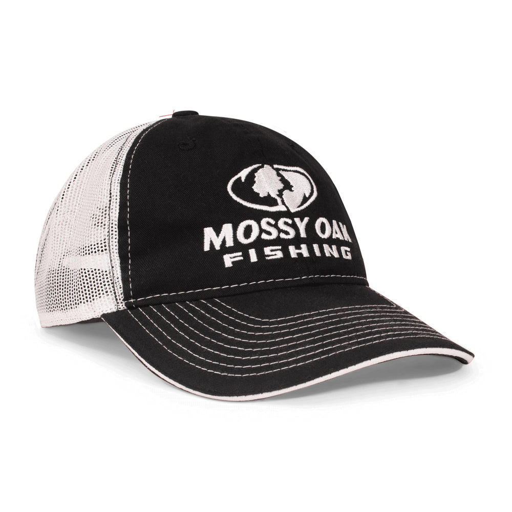 Front view of Mossy Oak Fishing Hat snapback with Hydroplex cooling fabric