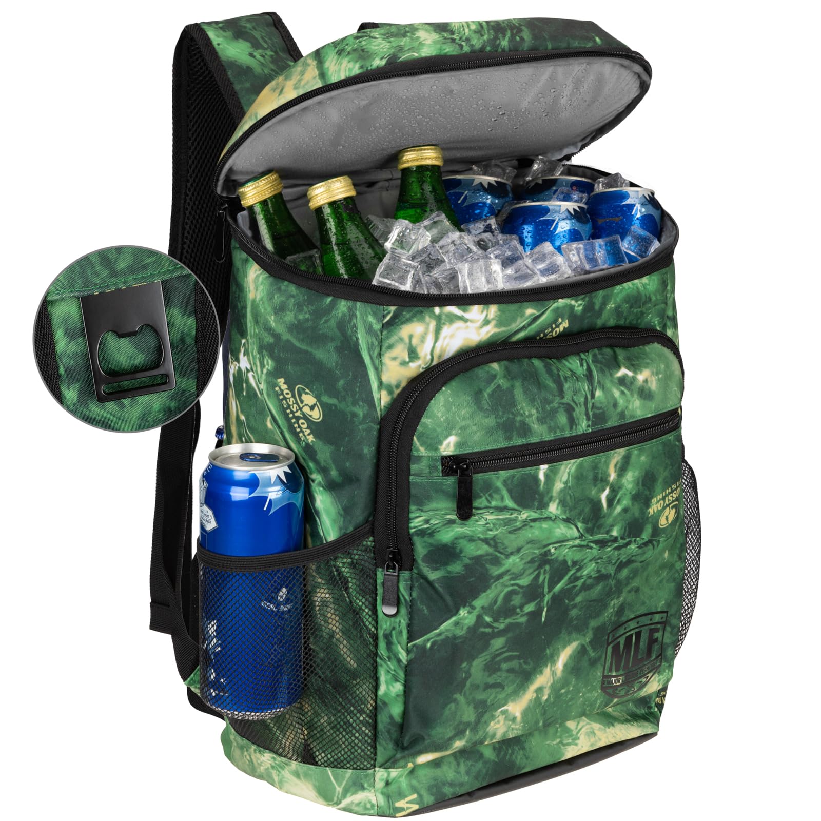 Mossy Oak MLF cooler backpack side view—easy access for snacks on hikes.