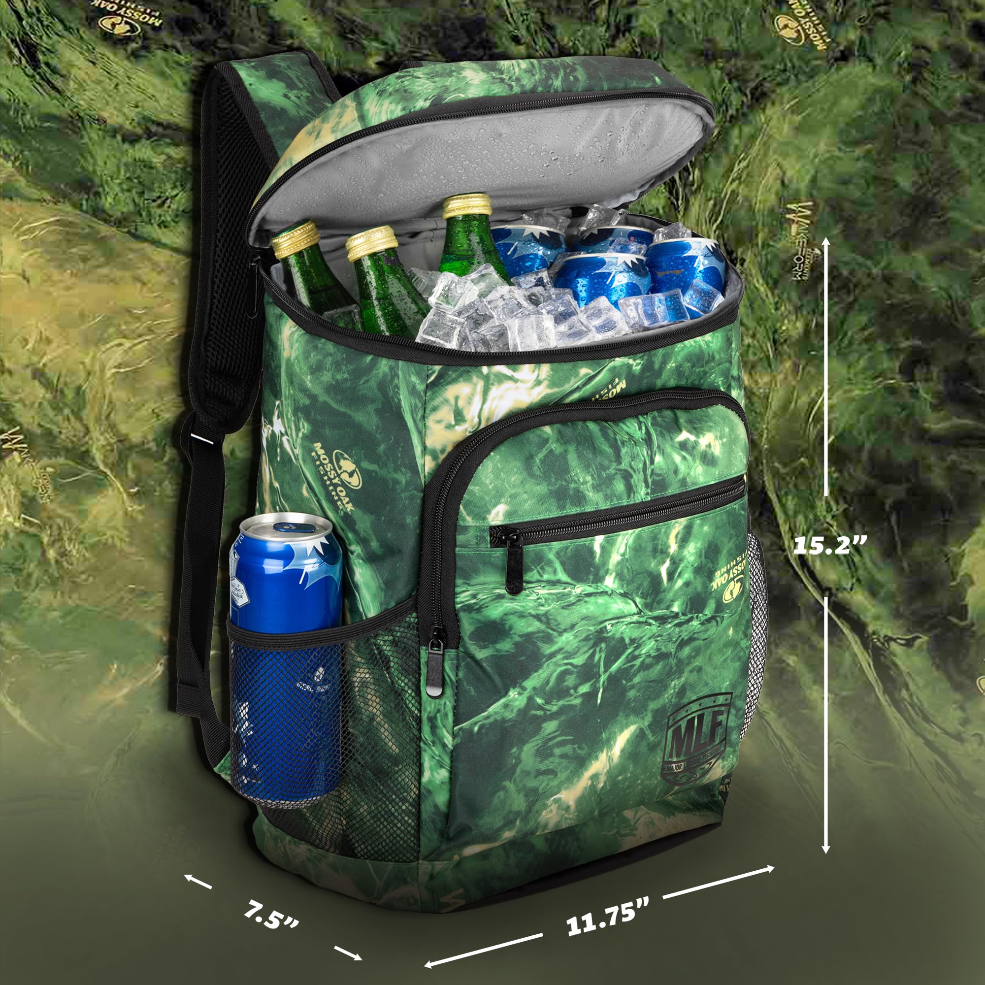 Mossy Oak MLF cooler backpack top open—quick grab of drinks mid-ride.