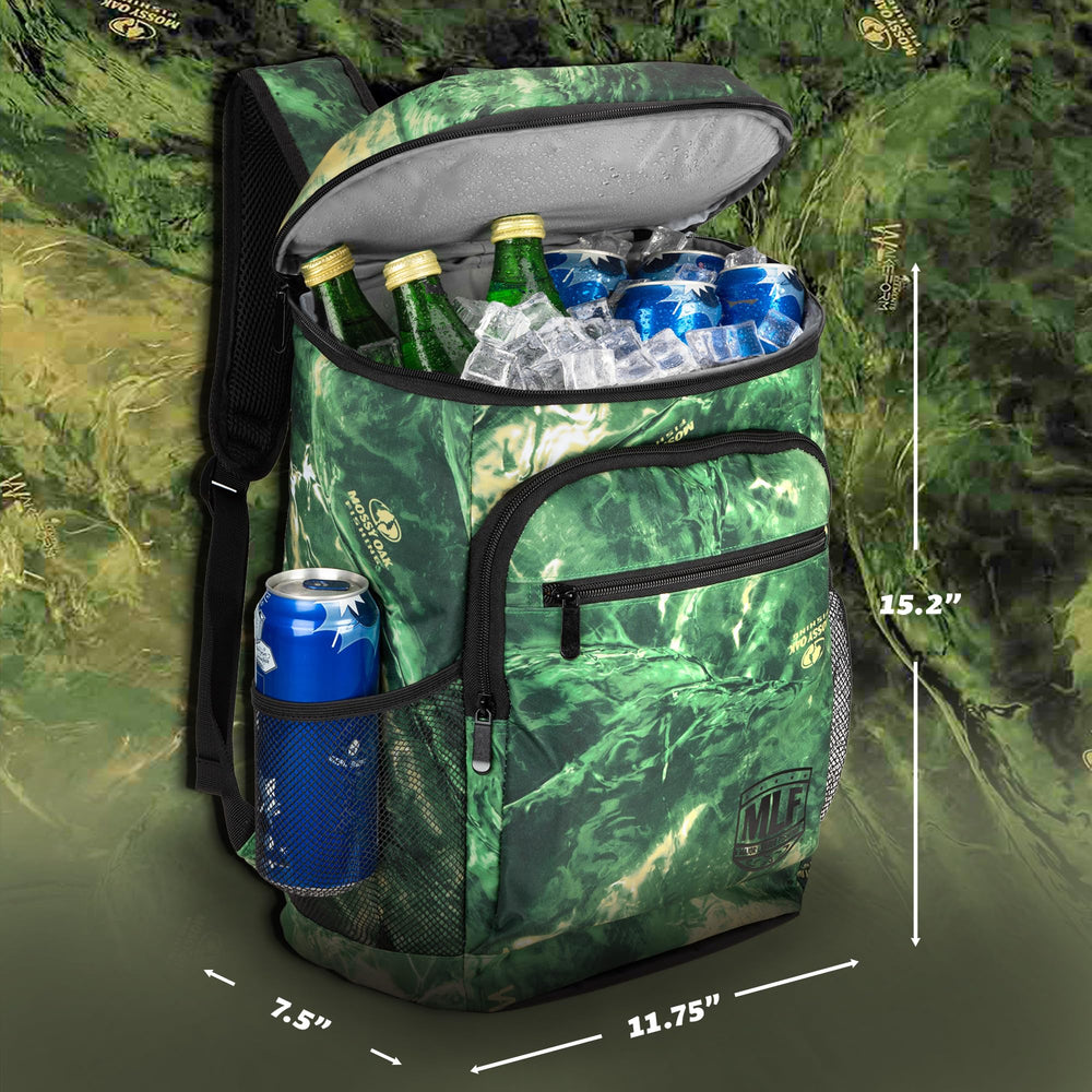 Mossy Oak MLF cooler backpack top open—quick grab of drinks mid-ride.