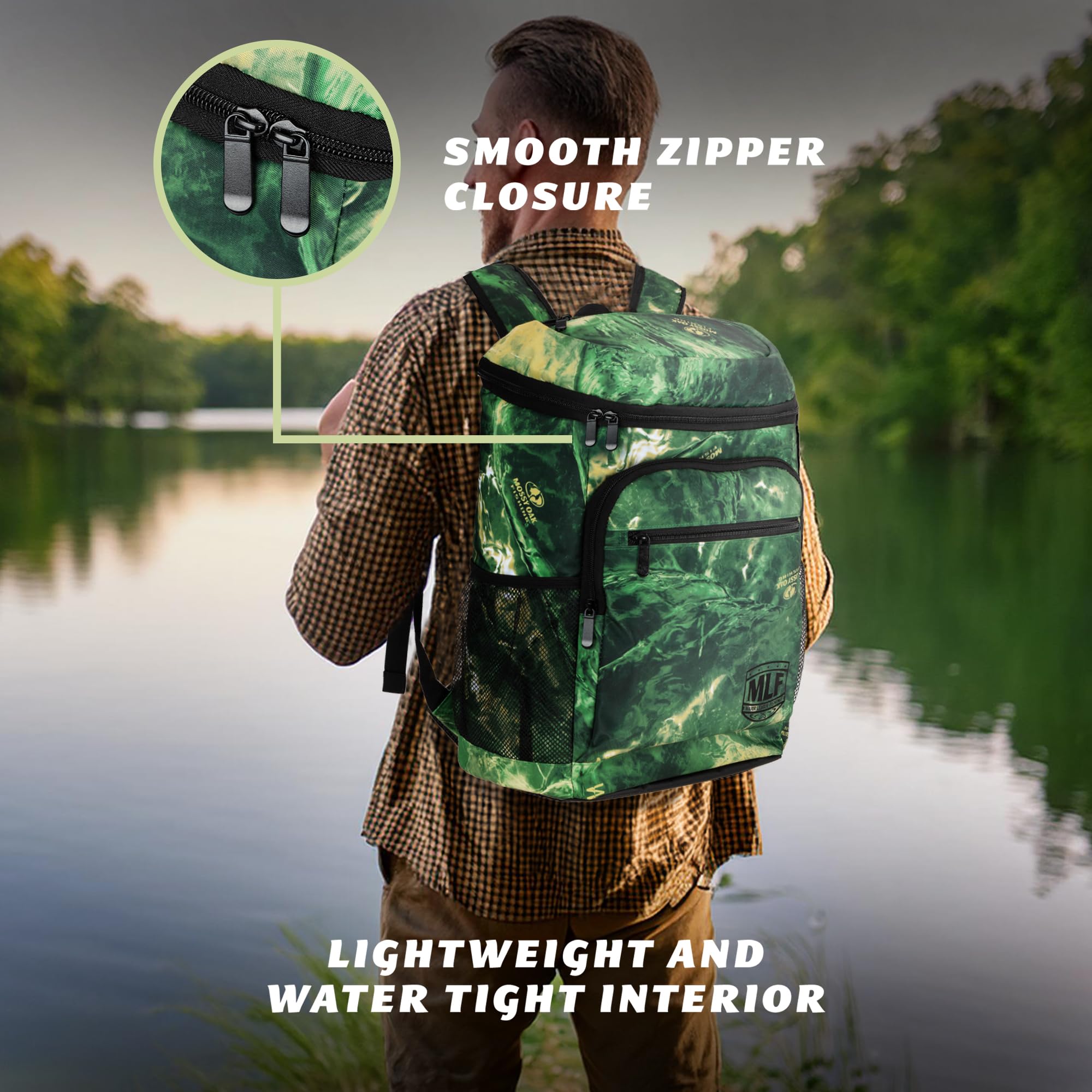 Mossy Oak MLF cooler backpack strap closeup—comfortable carry during long days.