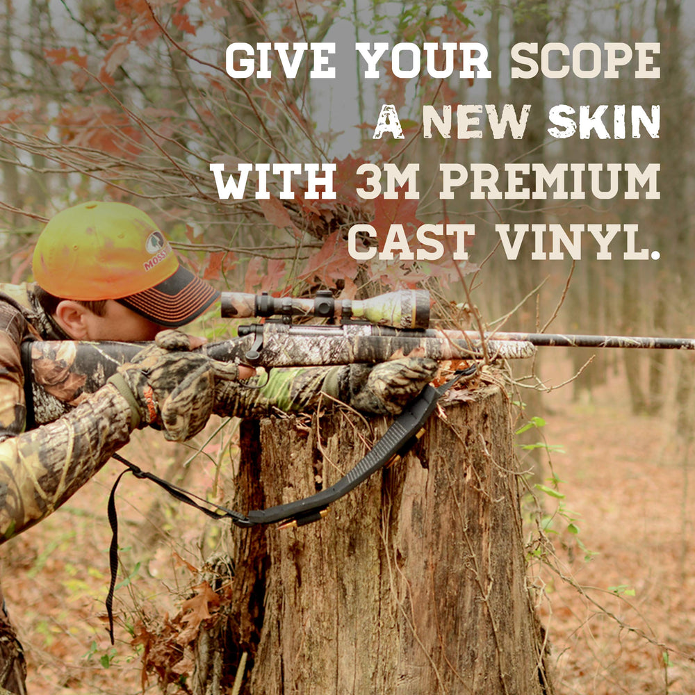Mossy Oak scope wrap with matte finish reduces glare during daylight hunts.
