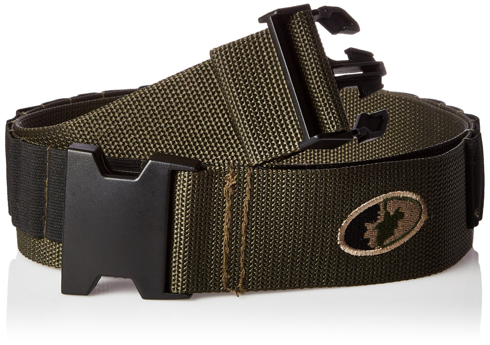 Mossy Oak shotgun shell belt in green, durable snap buckle for secure shell storage.