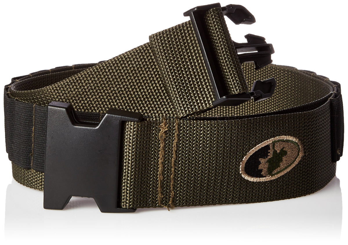 Mossy Oak shotgun shell belt in green, durable snap buckle for secure shell storage.