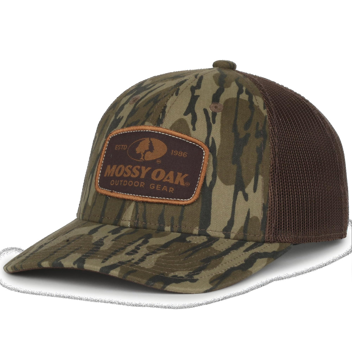 Front view of Mossy Oak Bottomland camo trucker hat with mesh back