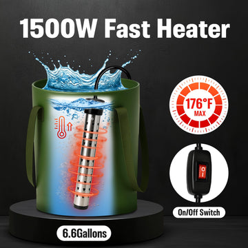Motivekit 1500W immersion heater heats water for a comfortable outdoor shower
