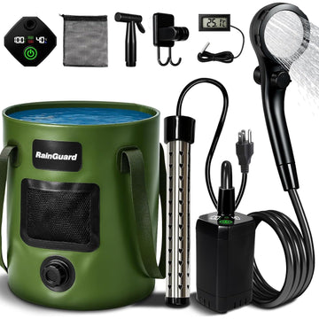 Motivekit portable camping shower pump powers off-grid rinses during hiking and beach days