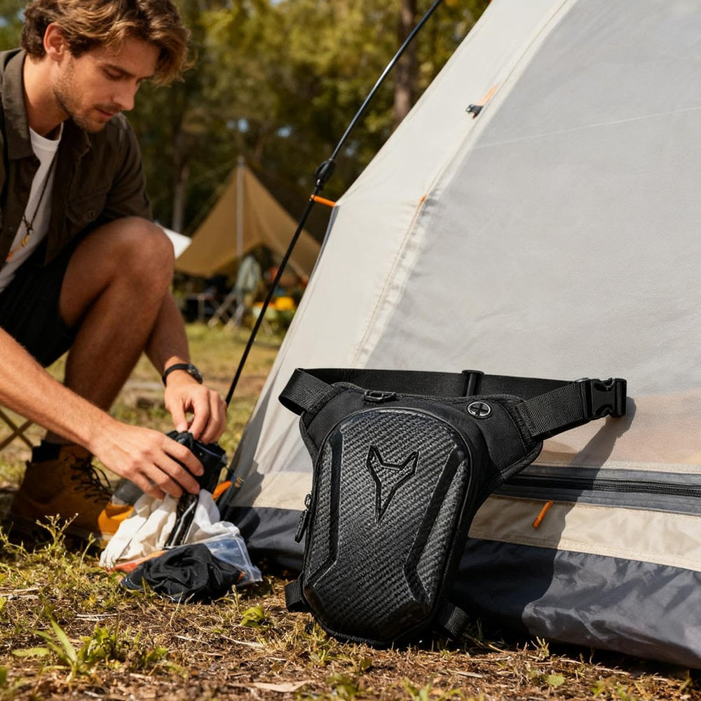Motorcycle Leg Bag featuring rigid frame protection for secure gear on rugged terrain.