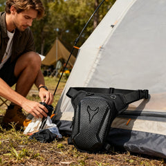 Motorcycle Leg Bag featuring rigid frame protection for secure gear on rugged terrain.