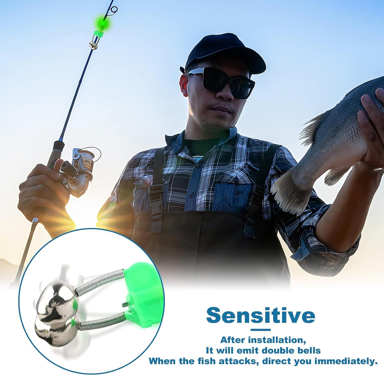 Glow-in-the-dark fishing rod with LED alarm bells