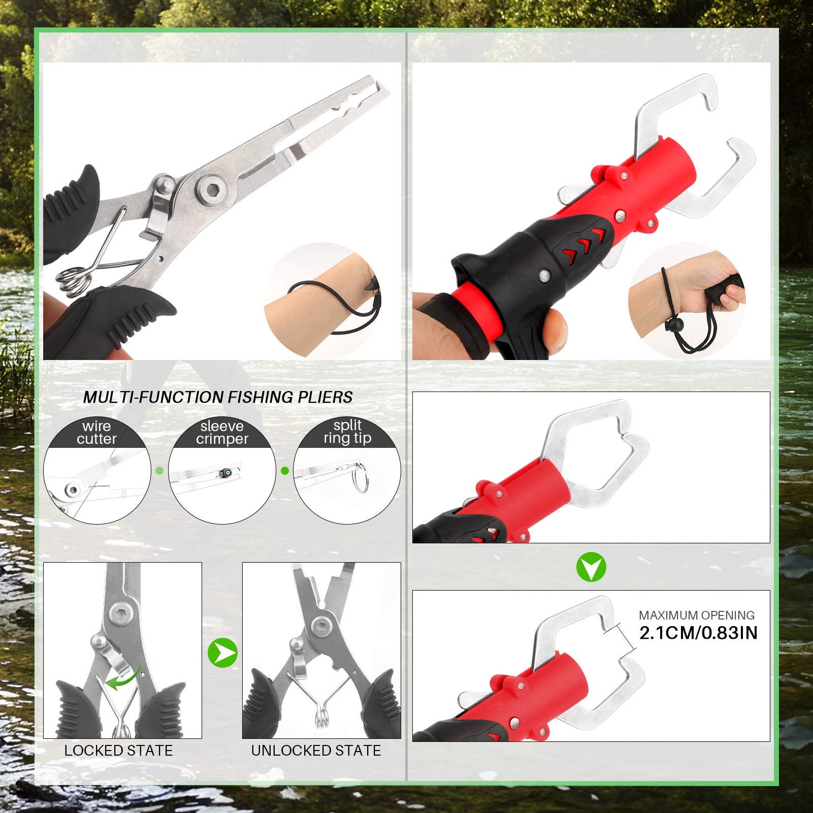 Mouhike pliers and lip gripper aiding quick, safe fish handling.