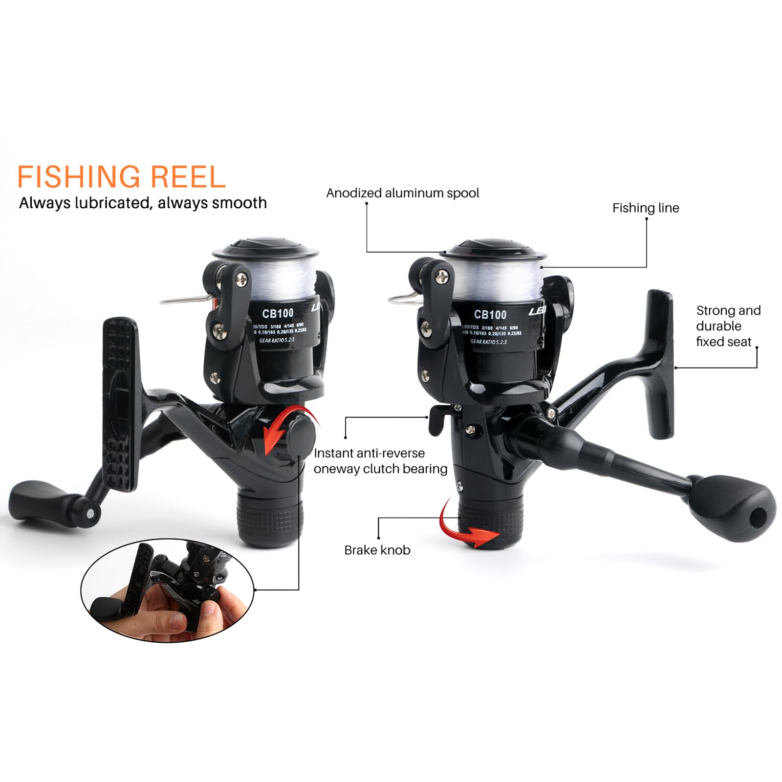 Mouhike spinning reel with interchangeable handle for left or right-handed anglers