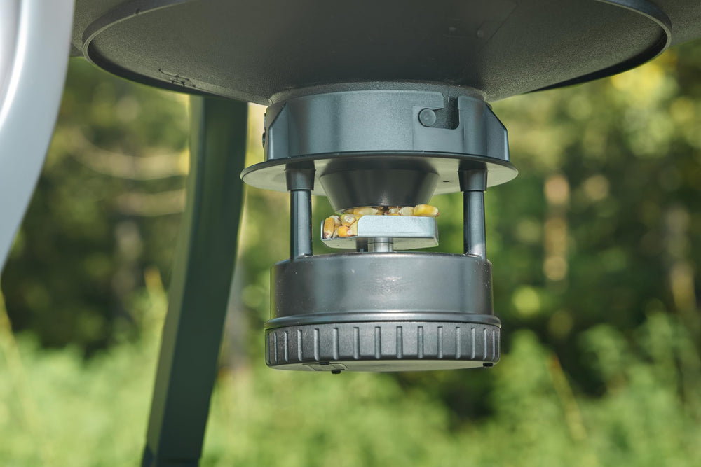 Moultrie 30-gallon hopper holds 200 pounds of feed for fewer refills.